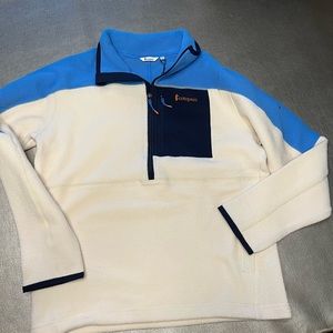 Cotopaxi Womens blue cream black color block 1/4 zip fleece hoodie size XL NWT